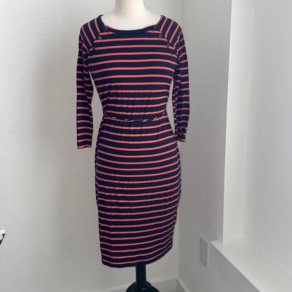 MOTHERHOOD maternity orange and navy blue midi dress with ties in size small - Picture 3 of 11